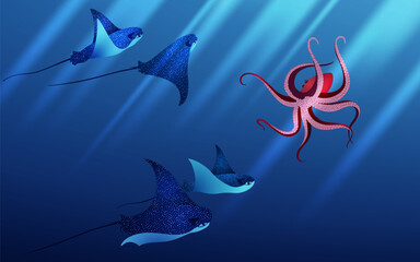 Octopus and manta ray fishes marine animals, sea creatures vector illustration.