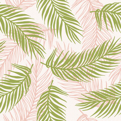 Repeat jungle palm leaves vector pattern. Floral elements over waves texture