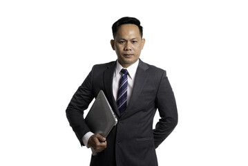 Business man in suit, holding laptop, showing joy gesture, success, businessman concept