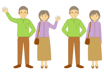 外出する老夫婦のイラストのセット_1_主線あり
