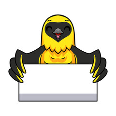 Cute weaver bird cartoon holding blank sign