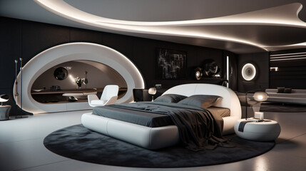 Interior of a cozy modern futuristic luxus bedroom - created with AI 