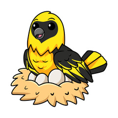 Cute weaver bird cartoon with eggs in the nest