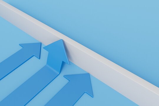 Business leadership and strategy. An arrow overcomes a barrier leaving others behind. 3D Rendering