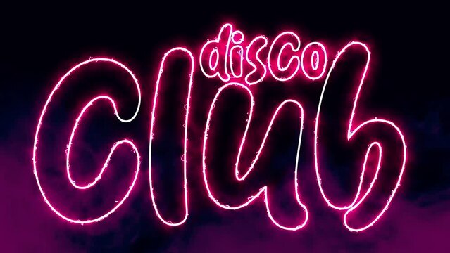 Disco Club text font with light. Luminous and shimmering haze inside the letters of the text Disco Club. 3D Animation.