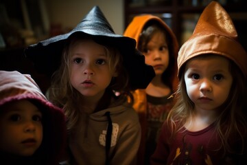 Group of little kids at home in halloween costumes. Generative Ai