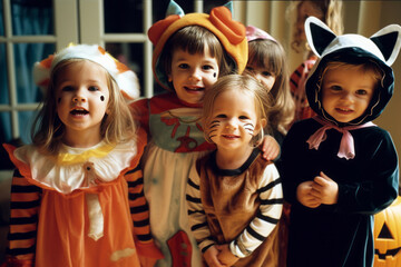 Happy little children in Halloween Costumes Celebrating Together. Generative Ai