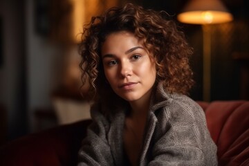 Beautiful Woman with casual sweater sitting on Comfortable Sofa in Living Room. Generative AI