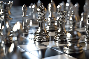 silver chess pieces on a chessboard generated ai
