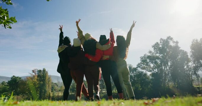 Friends, back and group outdoor with celebration, peace sign and camping with hug, freedom or success. People, together and v hand sign, icon or emoji for achievement from low angle on grass in woods