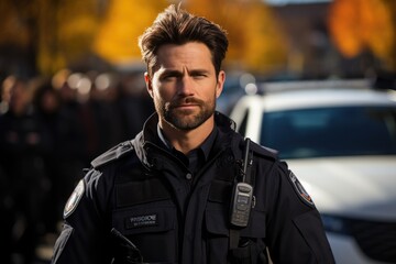 A male police agent wearing a bulletproof vest and holding a firearm is standing in front of a police car. Generative AI