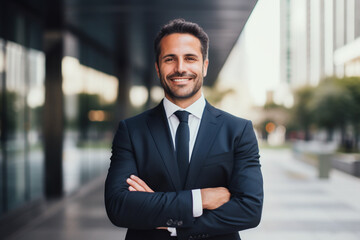 attractive businessman smiling in suit and tie. business success concept. manager of a large business company. AI generated image
