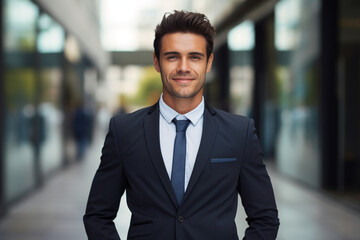 attractive businessman smiling in suit and tie. business success concept. manager of a large business company. AI generated image