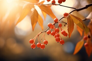 Autumn bushes with red berries. Autumn colors. Halloween concept. Background with selective focus and copy space - obrazy, fototapety, plakaty