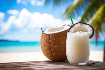 Coconut as a symbol of a tropical cocktail. Background with selective focus and copy space