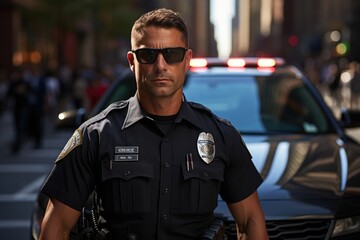 A male police agent wearing a bulletproof vest and holding a firearm is standing in front of a police car. Generative AI