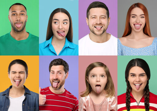 Collage with photos of adults and kid showing their tongues on different color backgrounds