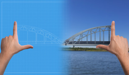 From idea to action. Man making frame gesture and fulfilling project into reality, closeup. Combination of blueprint and photo of bridge
