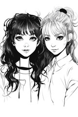 Happy black and white portraits of teenage girls, happy girls in anime or manga style. Simple vector white and black