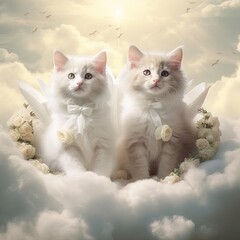 Beautiful angelic kittens on clouds.