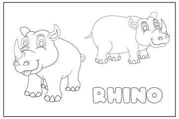 Cute rhino cartoon characters vector illustration coloring page  For children's coloring book