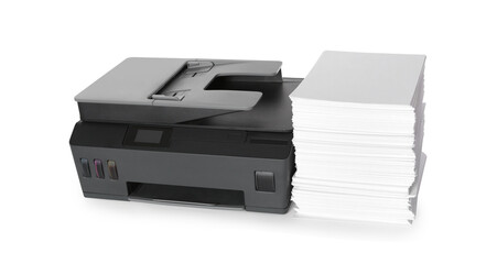 Modern printer and stack of paper on white background