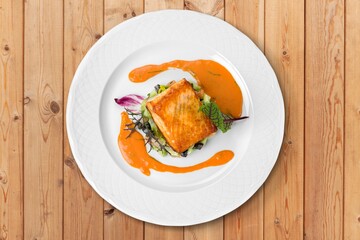 Grilled salmon fish fillets steaks with herb