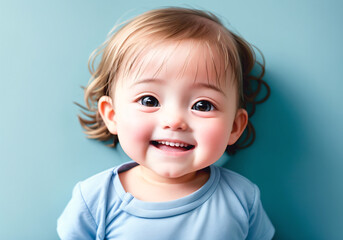 Portrait of a cute baby on a blue background. Generative AI.
