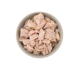 Bowl with canned tuna isolated on white, top view