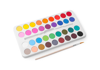 Watercolor palette and brush isolated on white, above view
