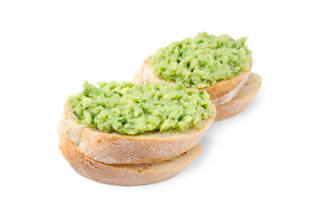 Delicious sandwiches with guacamole on white background