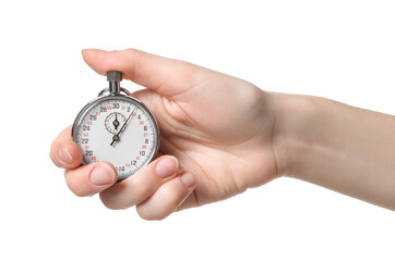 Woman holding vintage timer on white background, closeup