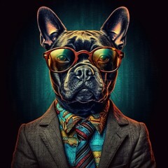 bulldog wearing a glass and a suit