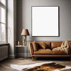 Poster frame mock-up in a contemporary home interior background, featuring a modern sofa and stylish decor in the living room, 3D render. Made with Generative AI technology
