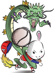 龍のように活躍するうさぎの野球選手の年賀状