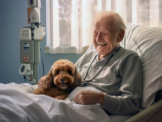 Sick elderly man sitting up in a hospital bed with a dog on his lap.  He is smiling down at the therapy dog, who brings him comfort and joy while he is ill.