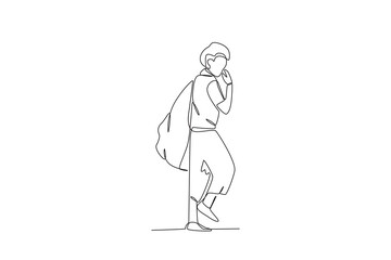 Fototapeta na wymiar A beggar carries a pouch on his back. Homeless one-line drawing