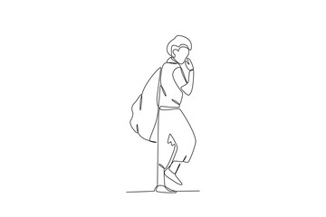 A beggar carries a pouch on his back. Homeless one-line drawing