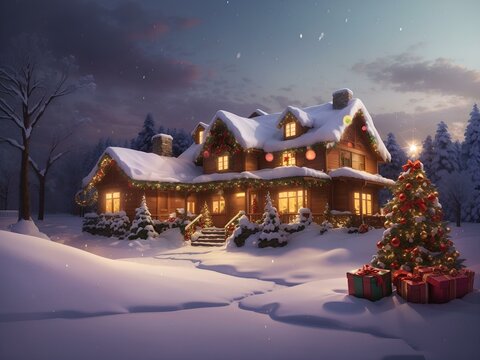 Christmas snow beautiful place house,,Photo Outdoor Christmas Scene Illustration Of A House With Snow Winter