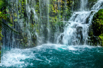 Waterfalls and green water in the pond at Chiang Mai province