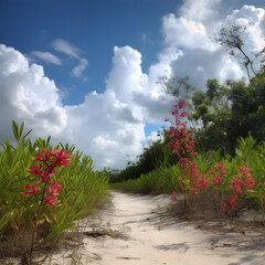 sandy road with flower with blue sky background