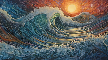 painting ocean wave with sunset