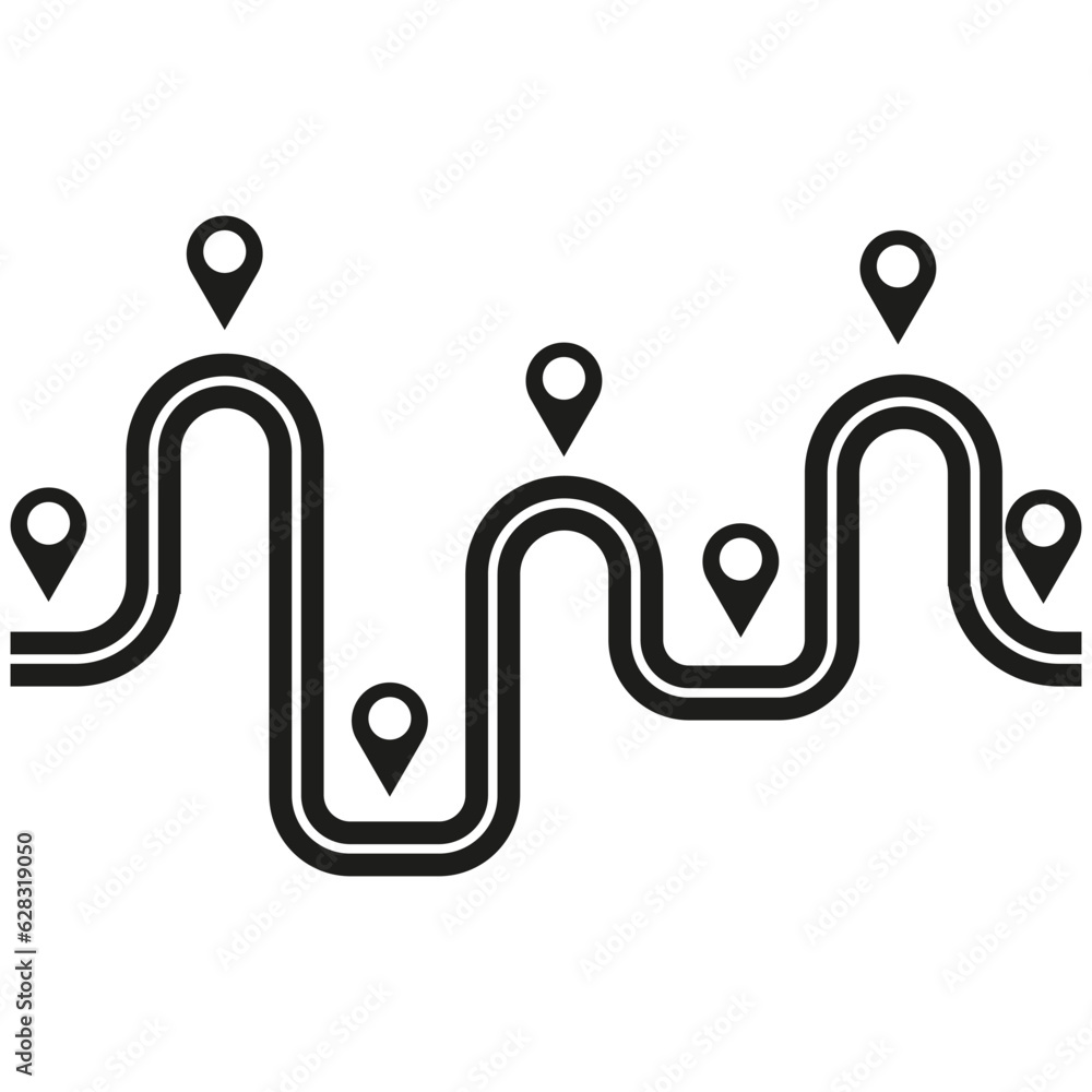 Poster highway winding route track. curve asphalt road path with pin pointers. vector illustration. eps 10.
