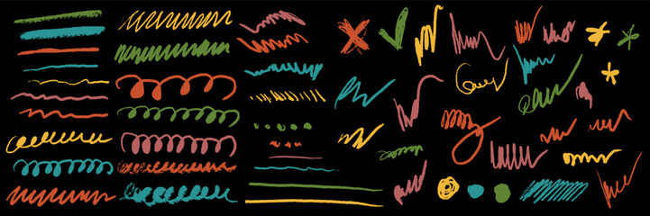 Scribbles set. Hand drawn colorful pencil curly lines. Marker drawing squiggles, strokes vector collection. Paint brush sketches. Scrawl textured freehand isolated elements