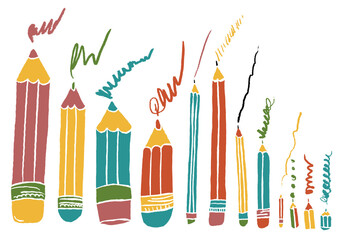 Pencils set. Hand drawn crayons collection. Colourful isolated elements. Kids style drawing pencil. Doodle crayon. Isolated vector illustration.