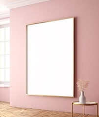 Vertical frame mockup close-up on wall painted pastel pink color, 3d render. Made with Generative AI technology