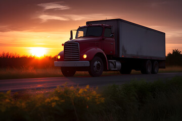 Fototapeta na wymiar red truck at sunset