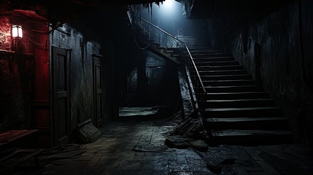 generative ai, generative, ai, eerie, stairs, cellar, basement, darkness, night, moonlight, shadows, atmosphere, mood, feeling, horror, suspense, terror, fear, dread, death, mystery, urban, unexplaine