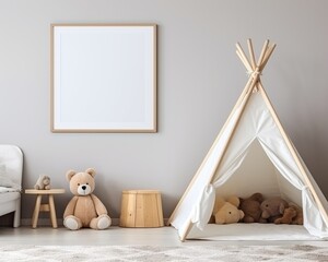 Fototapeta na wymiar Blank mock up in unisex children room interior background with copy space.