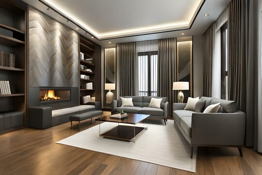 The living room interior in gray and brown tones features a gray sofa on a dark wood floor facing a stone fireplace with built-in shelves.